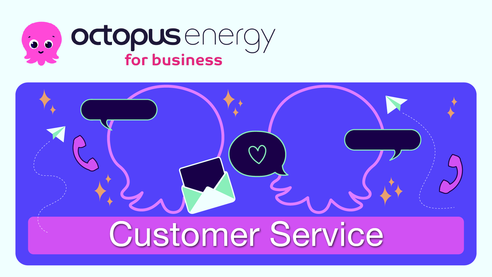 Two stylised octopi chatting, surrounded by cartoon phones, letters and paper planes, with the Octopus Energy logo and the words 'Customer Service'.