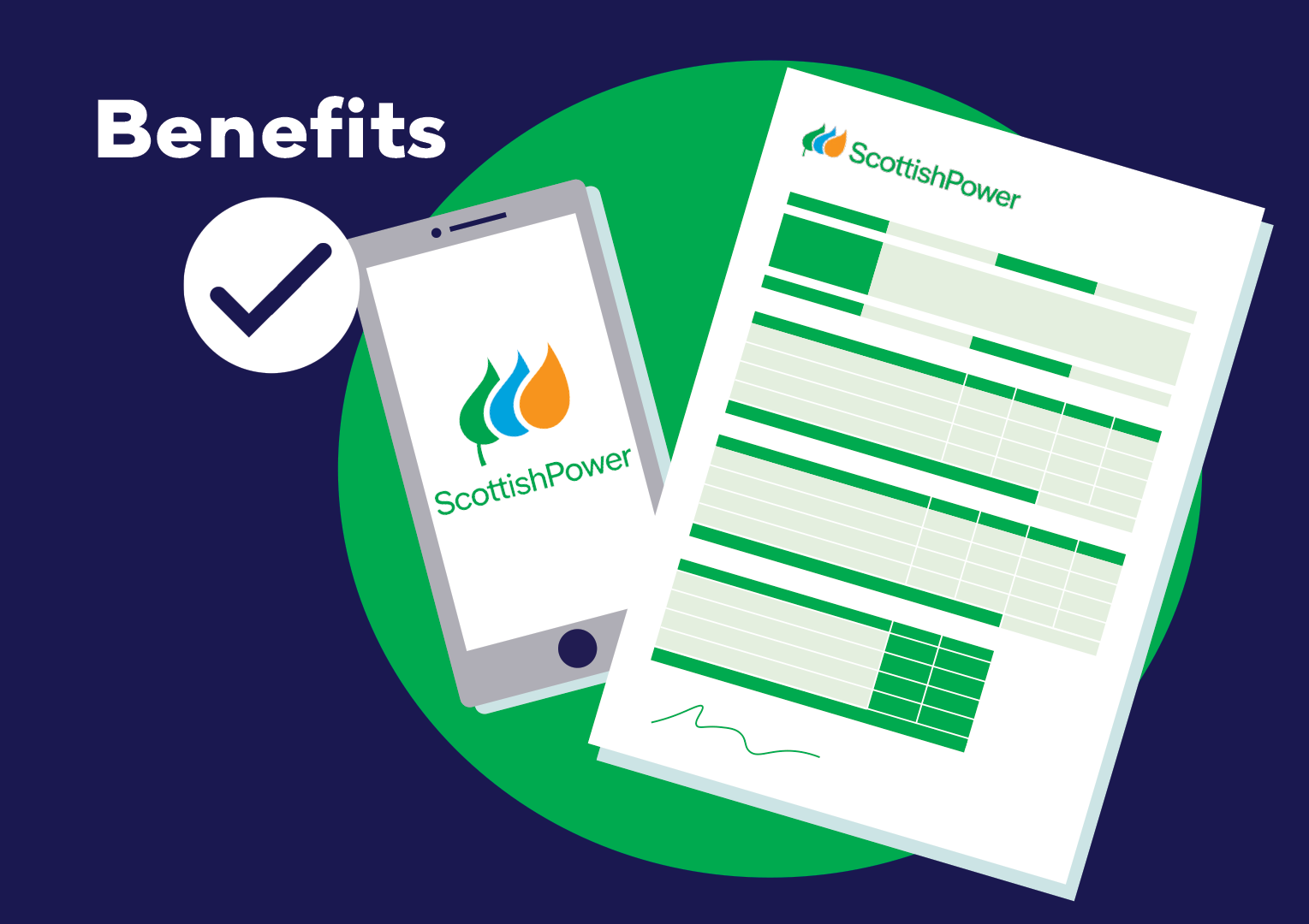 Illustration of ScottishPower business energy benefits showing a mobile app and an energy bill document