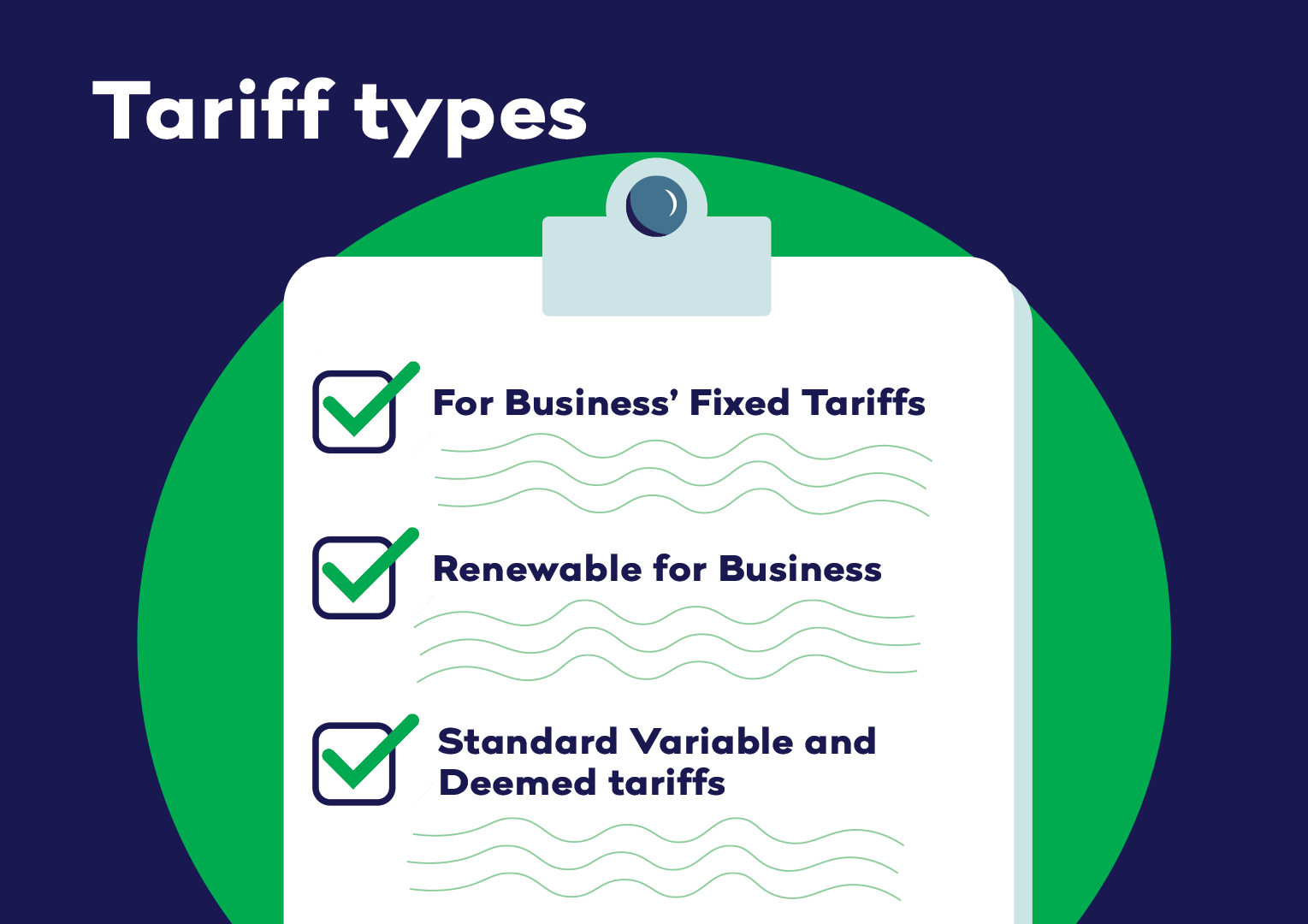 Illustration showing business energy tariff types including fixed tariffs, renewable tariffs and standard variable or deemed tariffs