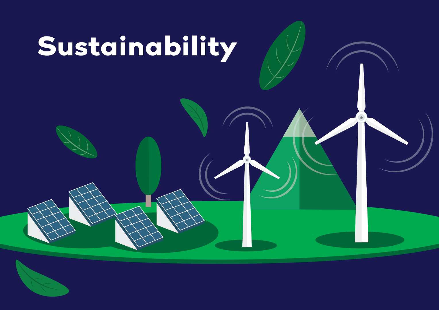 Illustration of renewable energy sustainability with wind turbines, solar panels and green landscape
